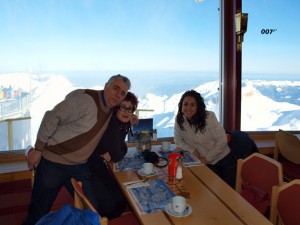We sit at the table inside Piz Gloria revolving restaurant