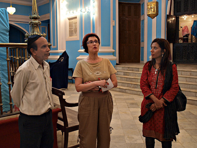 Irene Shaland and guides inside the Mumbai Mogen David Synagogue
