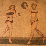 Girls playing a ball mosaic in Villa Romana