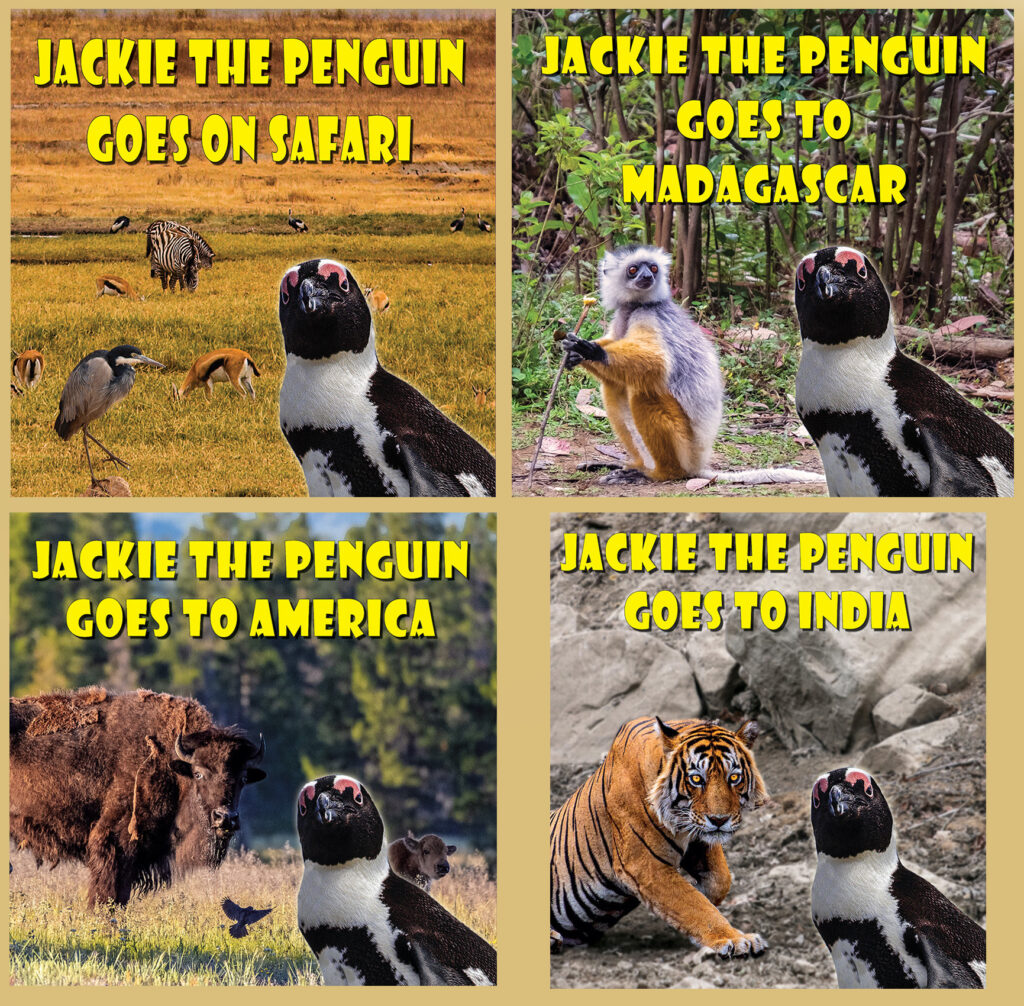 4 book covers Adventures of Jackie the Penguin